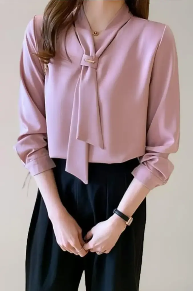 legant Women's Tie Neck Summer Long Sleeve V-Neck Chiffon Korean Style Plain Business Work Shirts Blouse Top