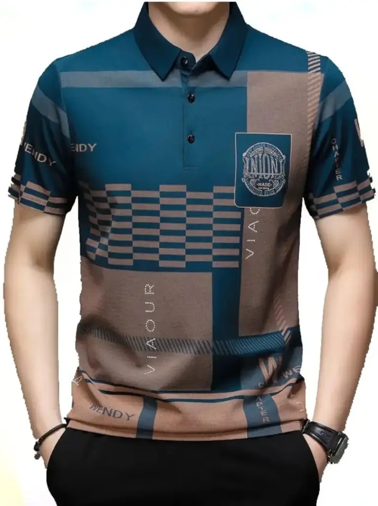 Men's Irregular Geometric Pattern and Alphabet Print Sports Collar Tshirt ( Print Polo-Blue)