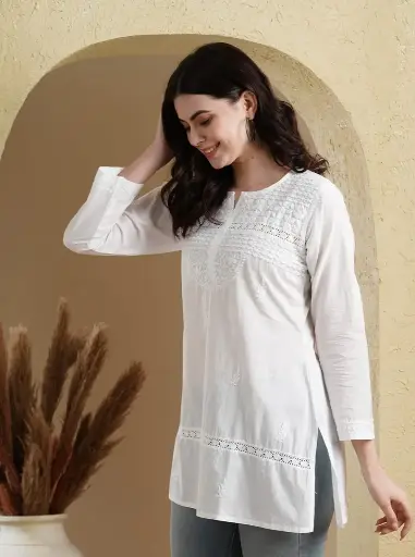 Women's Straight Cotton Top Tunic Handmade Lucknow Chikankari Short Kurti  White