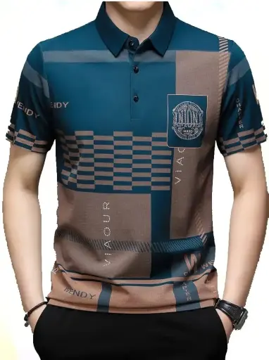 Men's Irregular Geometric Pattern and Alphabet Print Sports Collar Tshirt ( Print Polo-Blue)