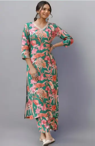 Women's Rayon Blend Printed Straight Kurta with Palazzo